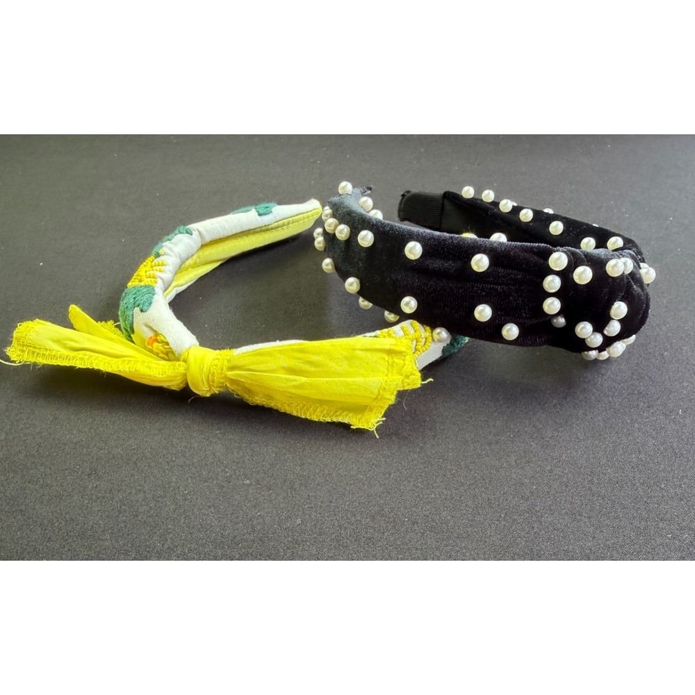 Headband Set 2pc Black Pearl Velvet and Yellow Embroidered Fruit Bow OSFM